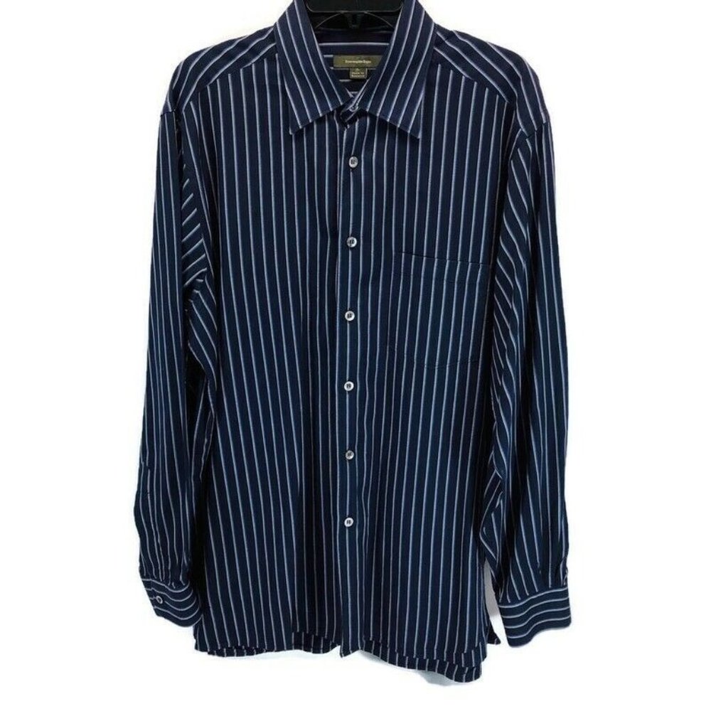 Ermenegildo Zegna Men's Shirt Button Up Size XL Long Sleeve Striped Blue Casual